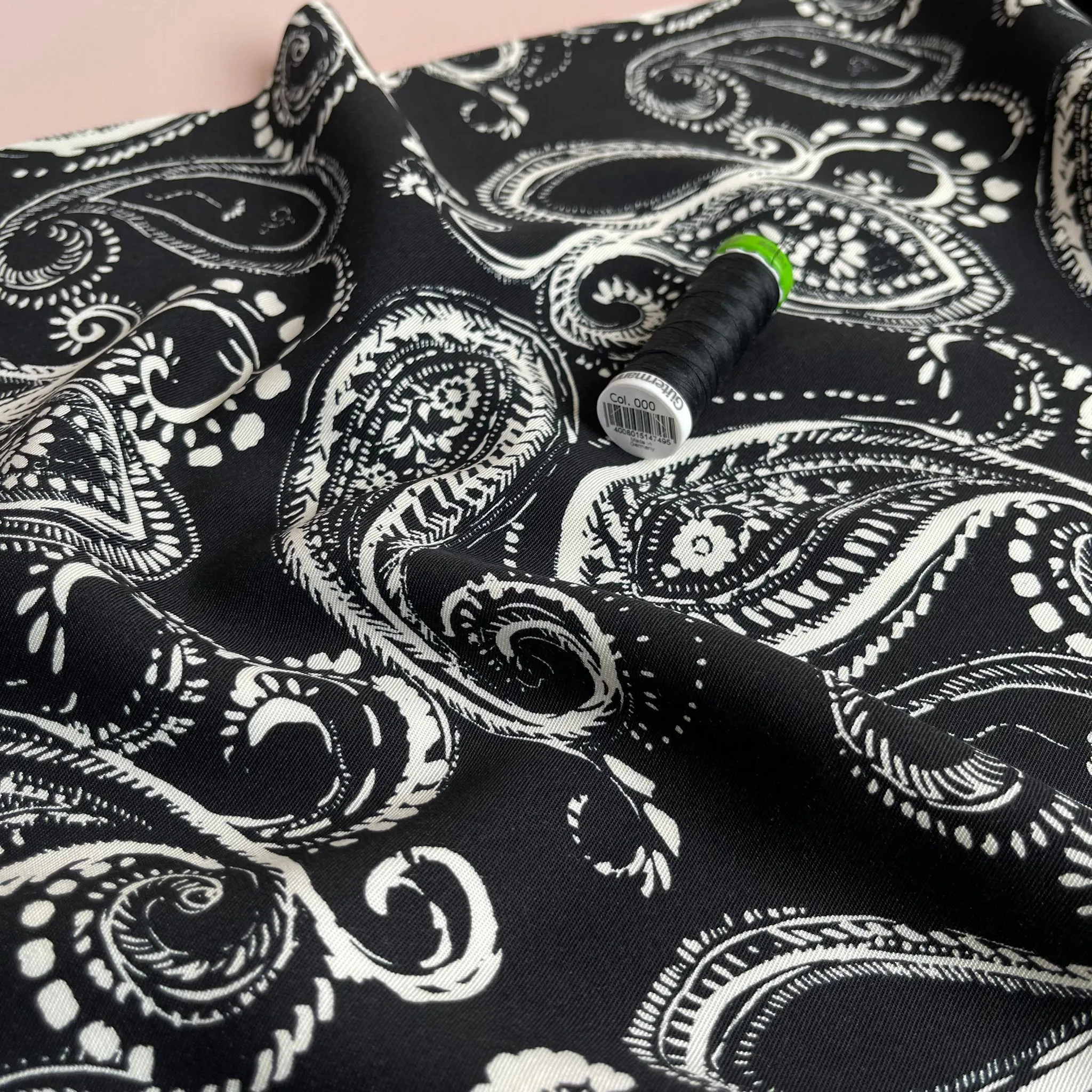 REMNANT 2 Metres (small hole 9cm from selvedge) Off-Whtie Paisley on Black Viscose Twill Fabric