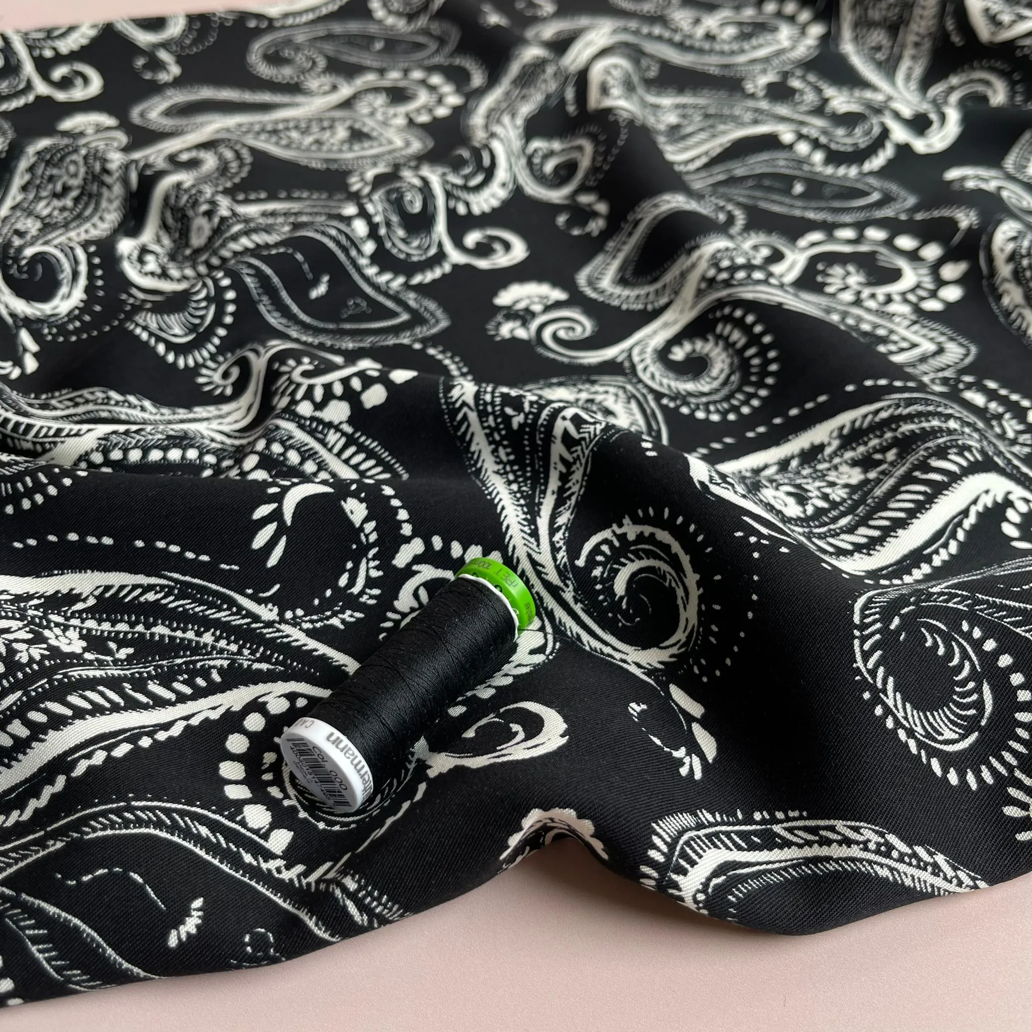 REMNANT 2 Metres (small hole 9cm from selvedge) Off-Whtie Paisley on Black Viscose Twill Fabric