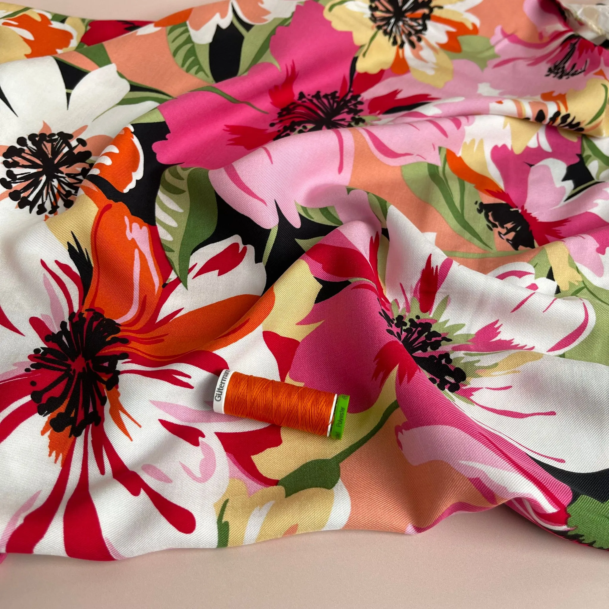 REMNANT 2.33 Metres - Joyful Blooms Pink Viscose Twill Fabric
