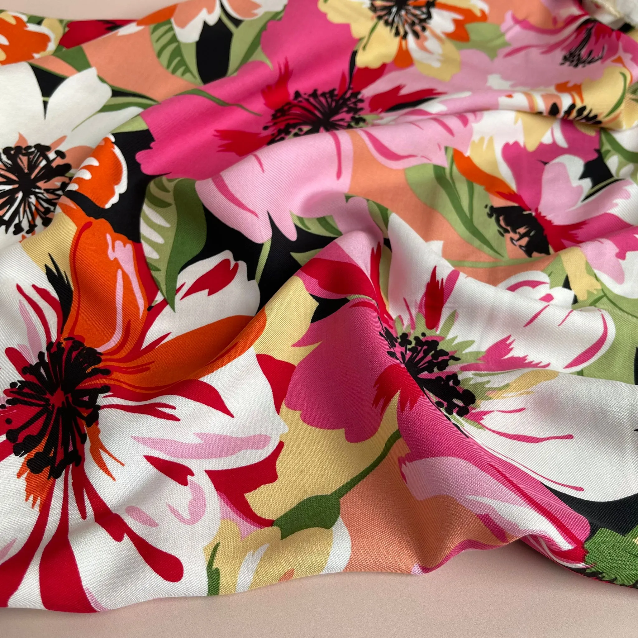 REMNANT 2.33 Metres - Joyful Blooms Pink Viscose Twill Fabric