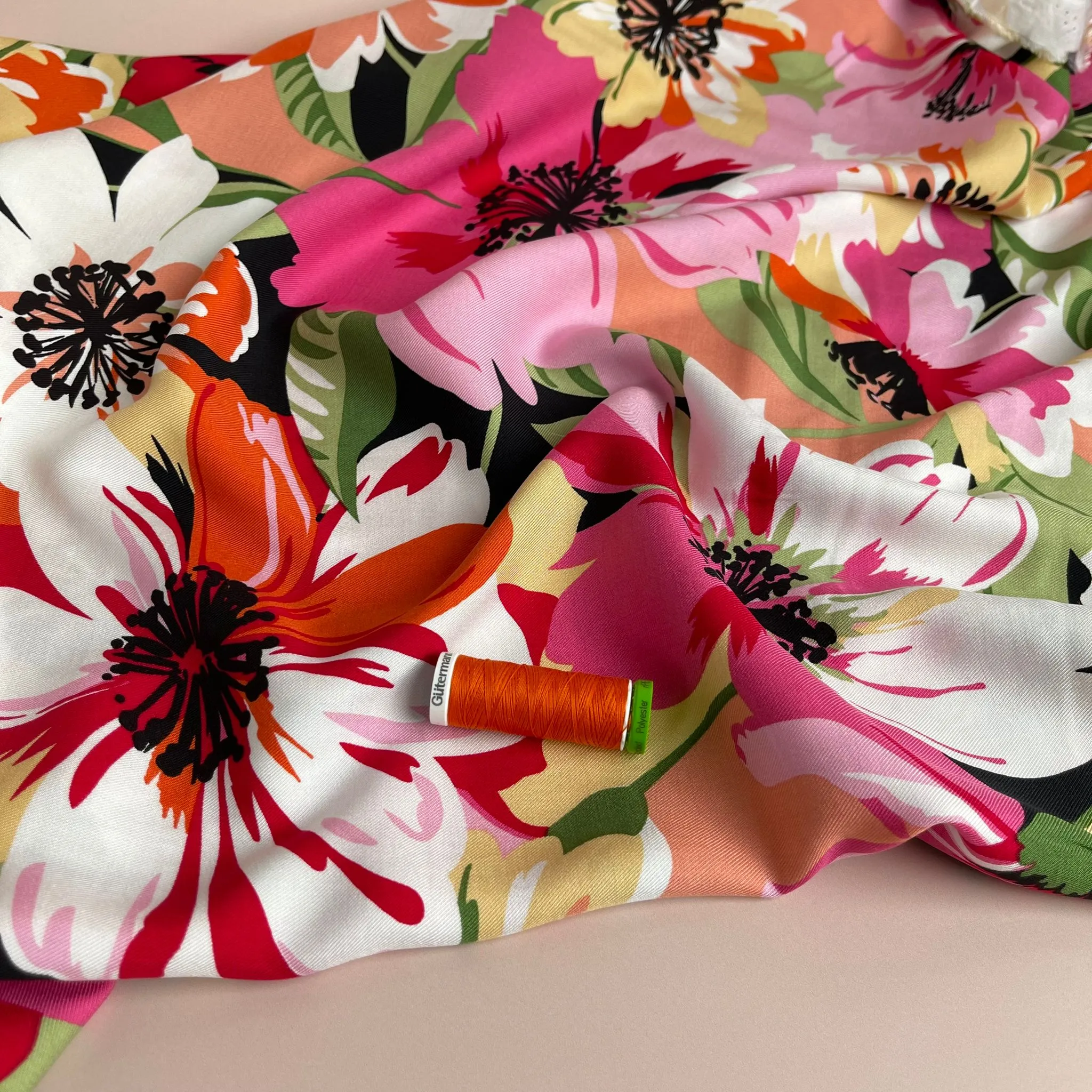 REMNANT 2.33 Metres - Joyful Blooms Pink Viscose Twill Fabric