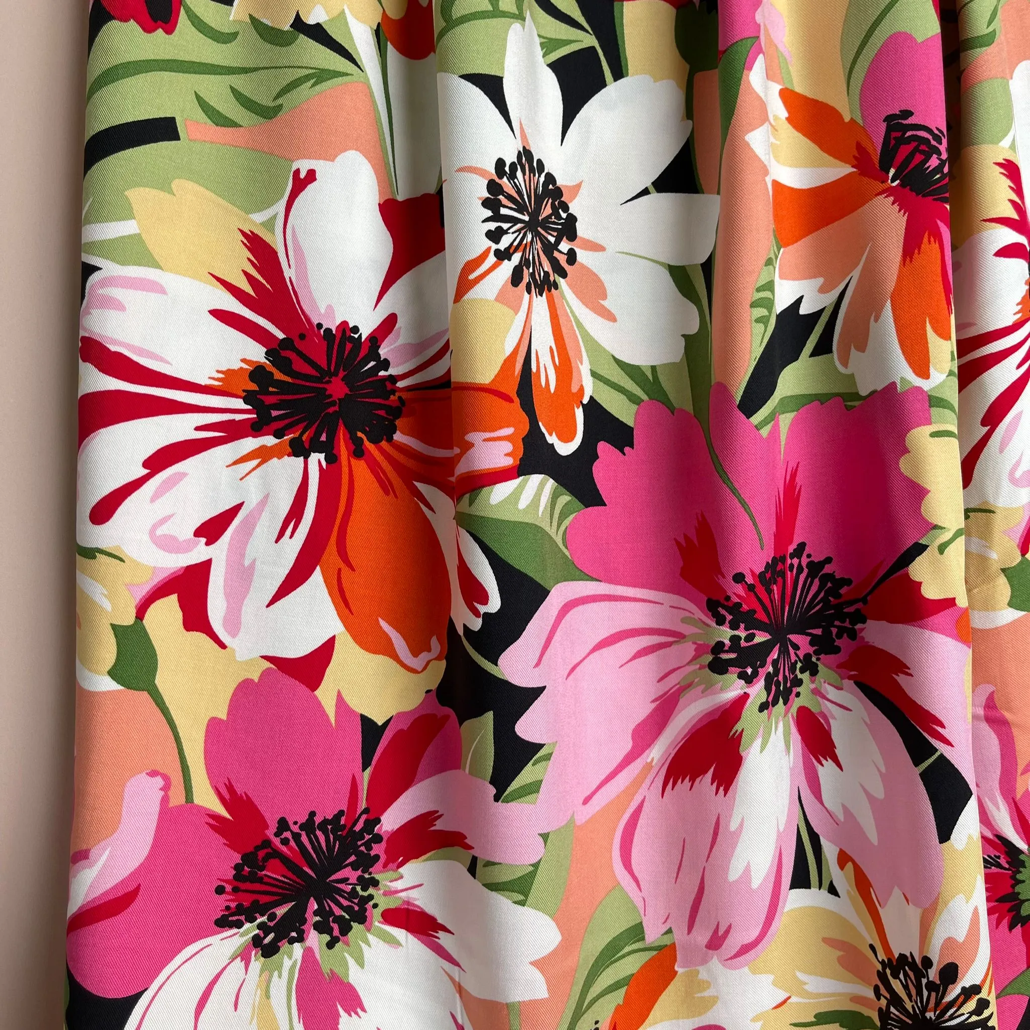 REMNANT 2.33 Metres - Joyful Blooms Pink Viscose Twill Fabric