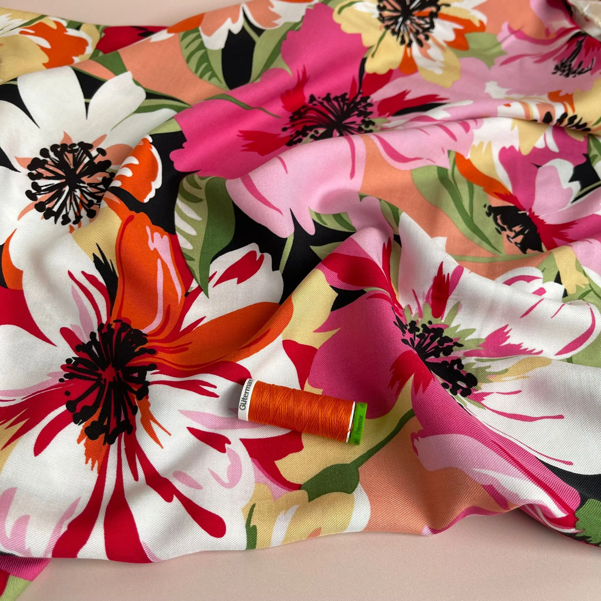 REMNANT 2.33 Metres - Joyful Blooms Pink Viscose Twill Fabric