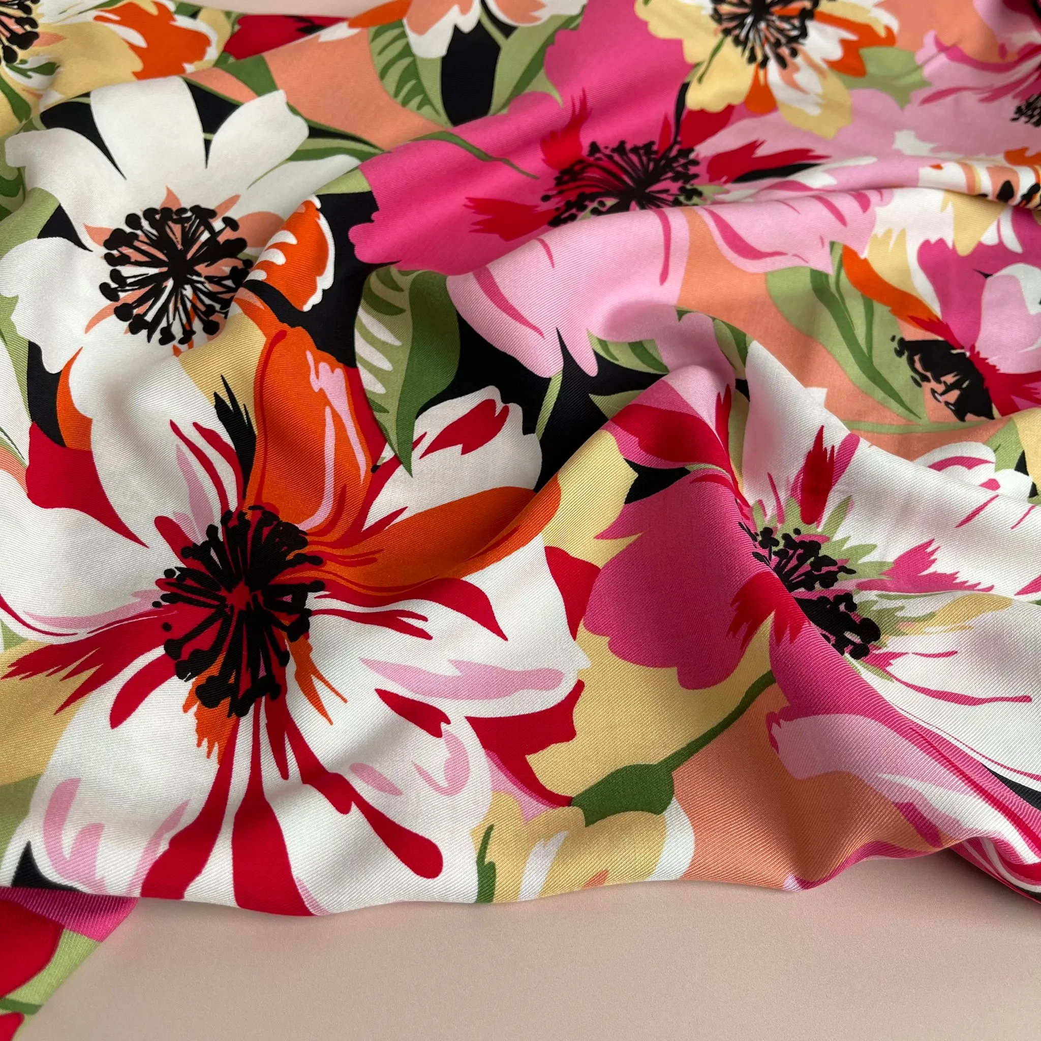 REMNANT 2.33 Metres - Joyful Blooms Pink Viscose Twill Fabric