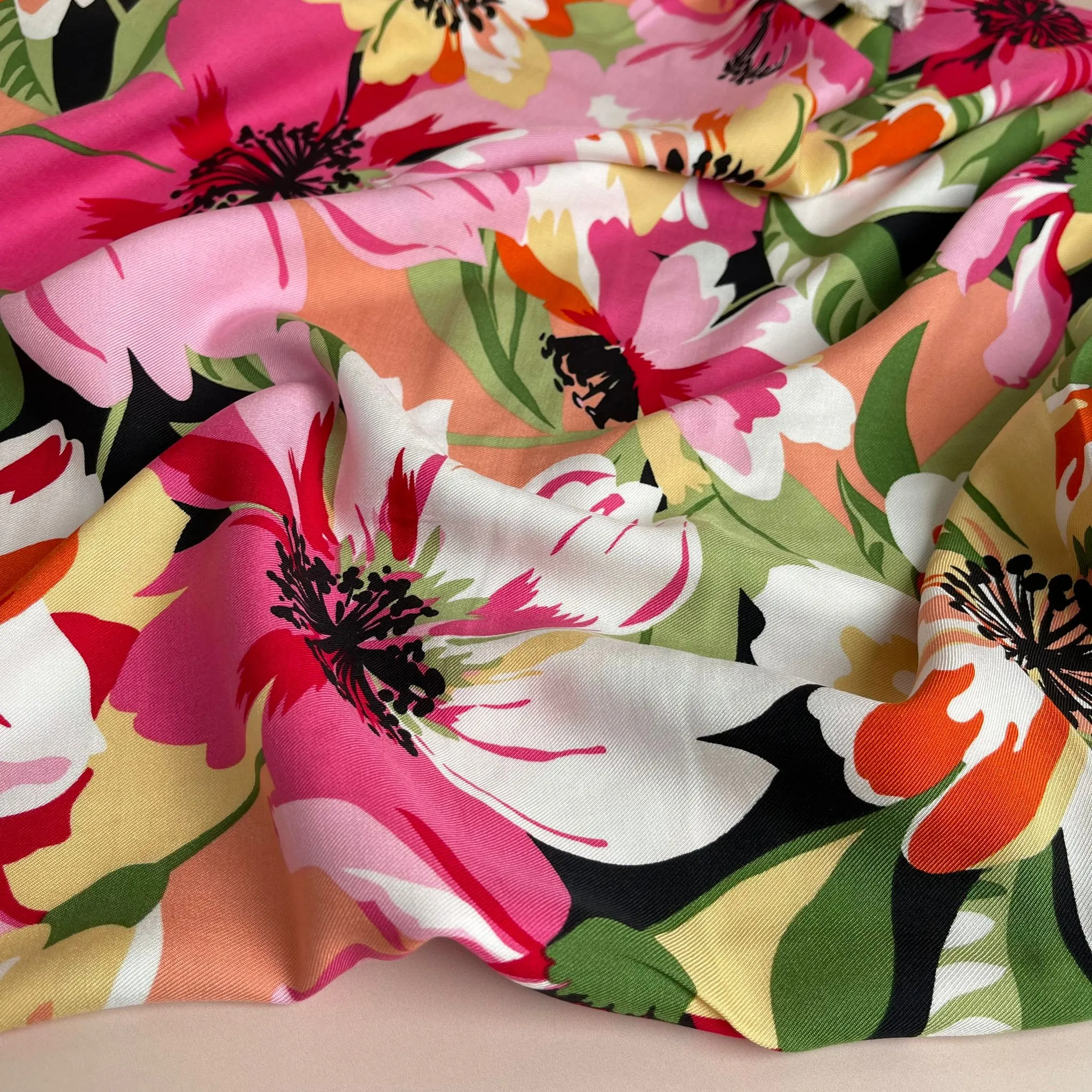 REMNANT 2.33 Metres - Joyful Blooms Pink Viscose Twill Fabric