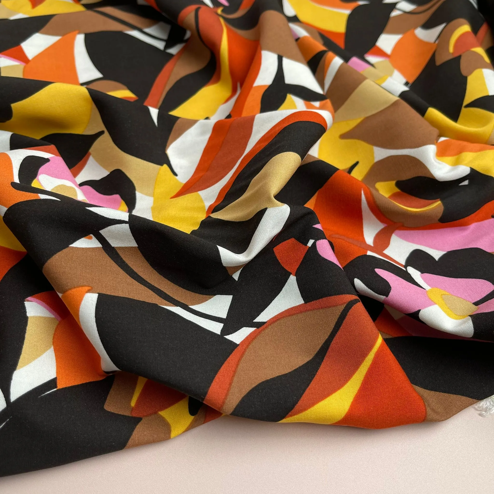 REMNANT 2.9 Metres - Graphic Abstract Floral Brown Stretch Viscose Poplin Fabric