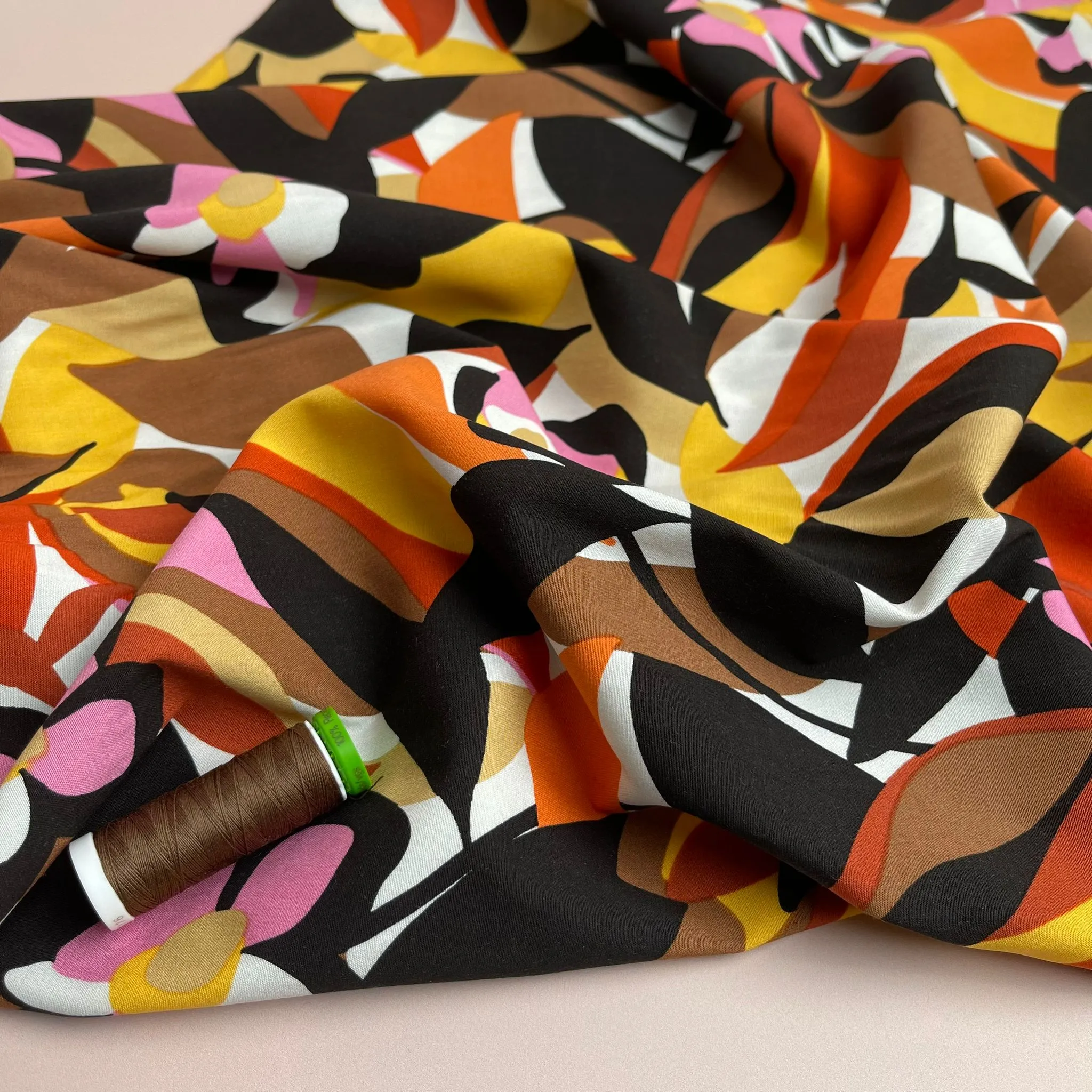 REMNANT 2.9 Metres - Graphic Abstract Floral Brown Stretch Viscose Poplin Fabric