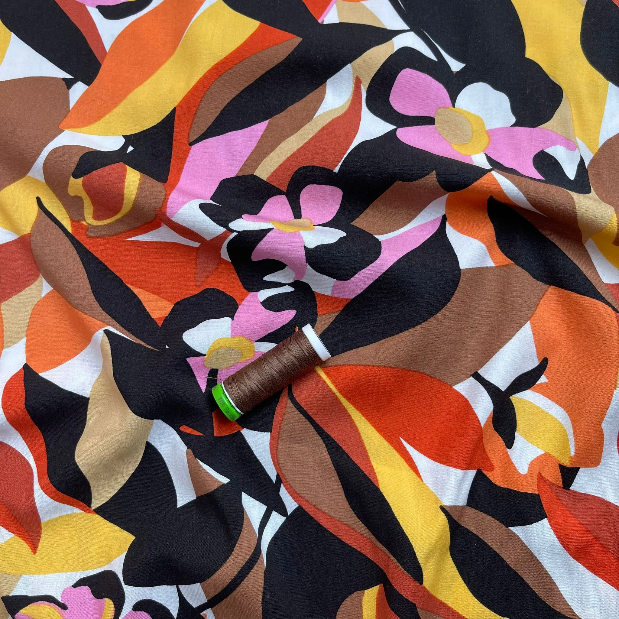 REMNANT 2.9 Metres - Graphic Abstract Floral Brown Stretch Viscose Poplin Fabric