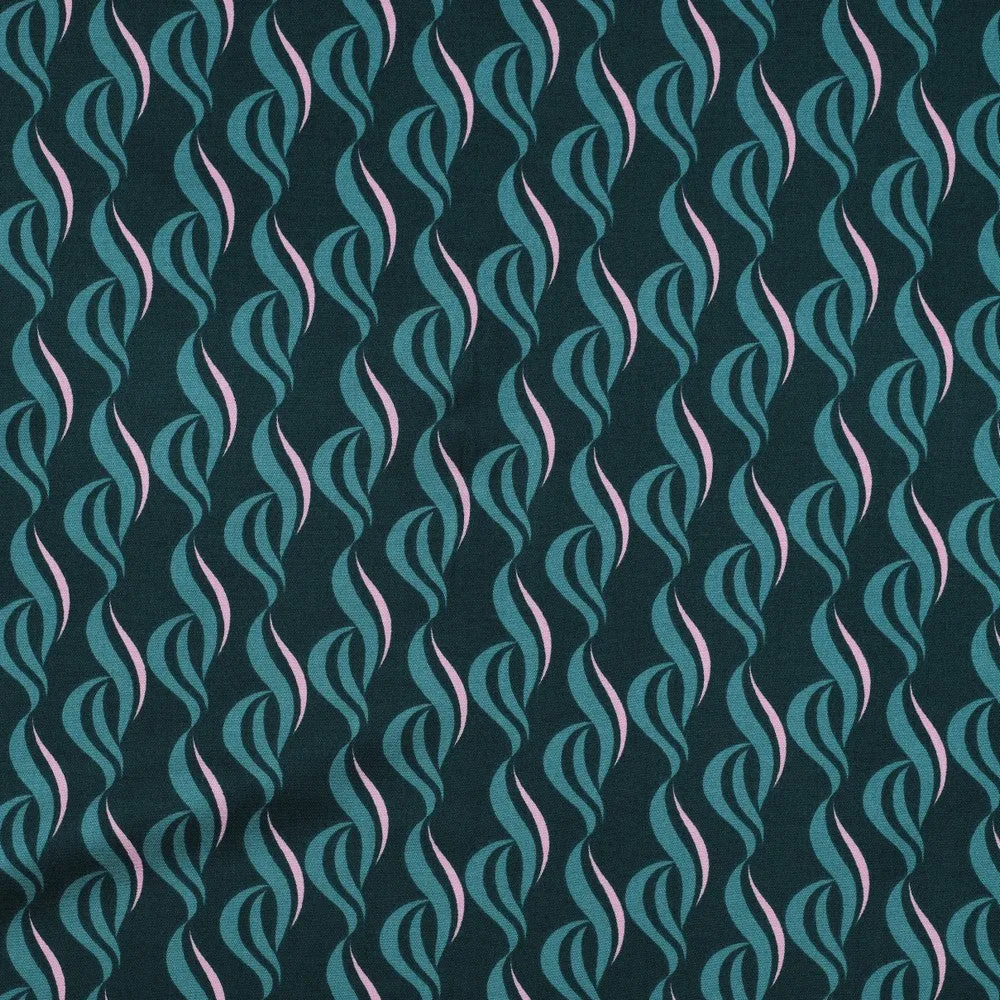 Rosella Waves on Teal Viscose Twill with Stretch