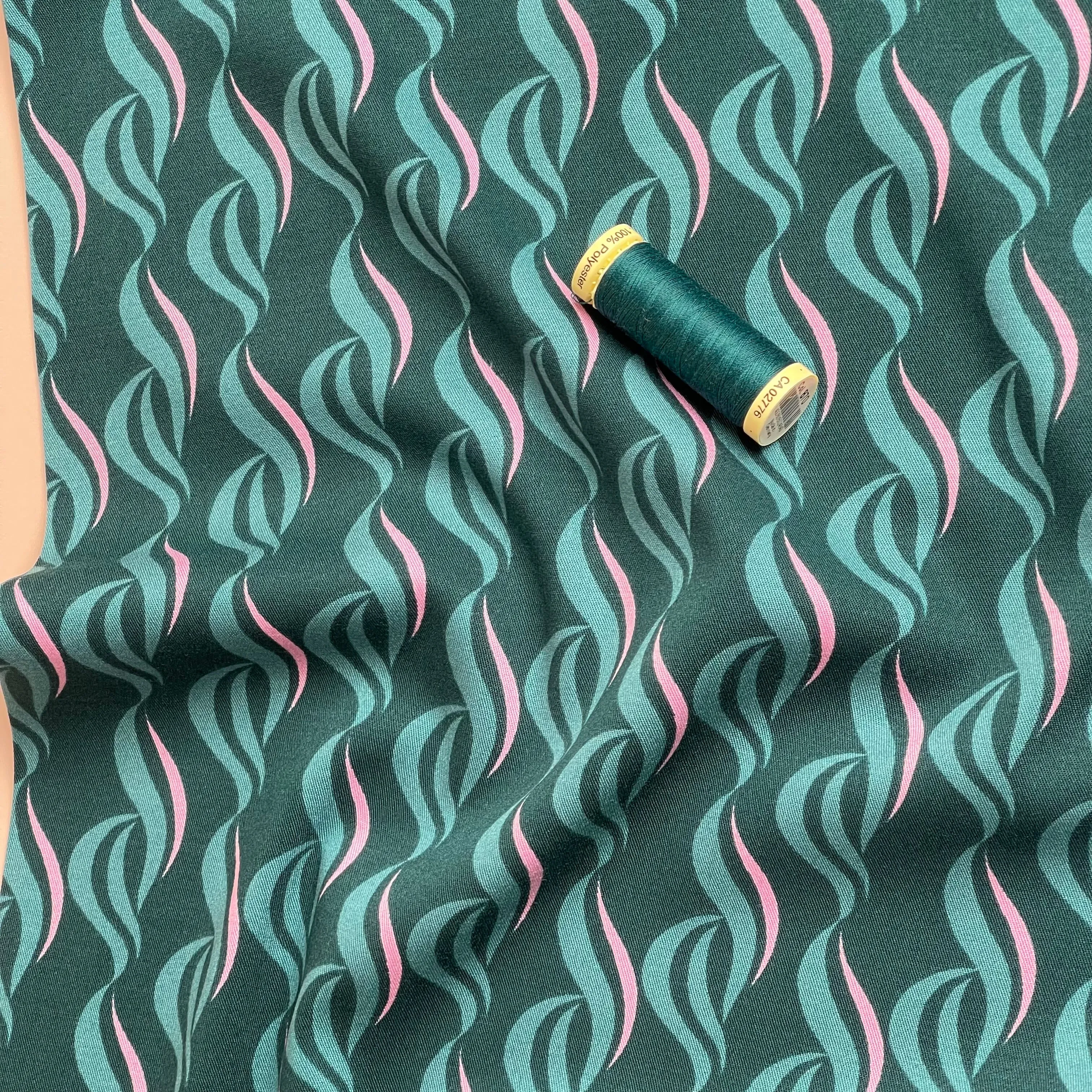 Rosella Waves on Teal Viscose Twill with Stretch