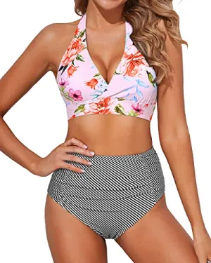 Ruched High Waisted Two Piece High Waisted Bikini Set-Light Pink Stripe