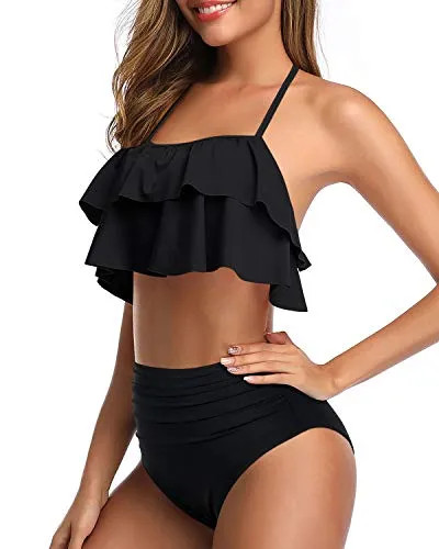 Sexy Backless Teen Girls' 2 Piece Swimsuit High Waisted Bottoms-Black