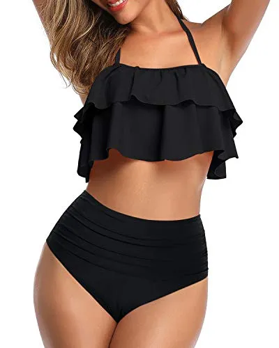 Sexy Backless Teen Girls' 2 Piece Swimsuit High Waisted Bottoms-Black