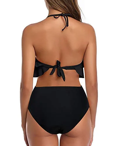 Sexy Backless Teen Girls' 2 Piece Swimsuit High Waisted Bottoms-Black