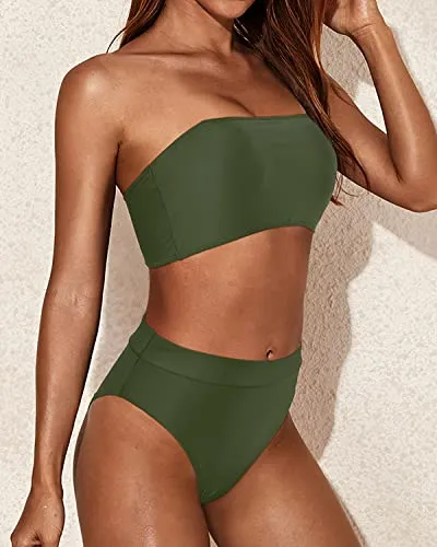 Sexy High Waist Cheeky Bikini Set Women Two Piece Bandeau Swimsuit-Army Green