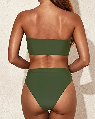Sexy High Waist Cheeky Bikini Set Women Two Piece Bandeau Swimsuit-Army Green