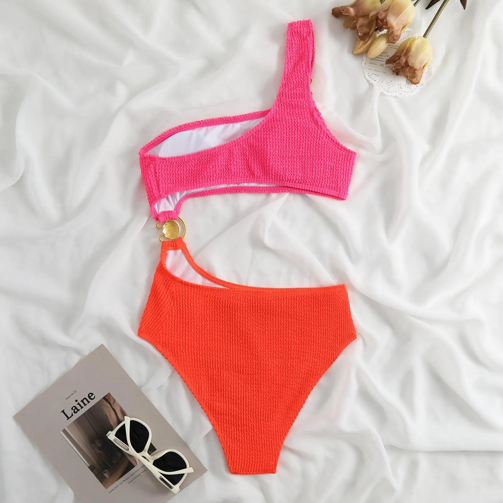 Shell Decoration One Shoulder Bikini Sets