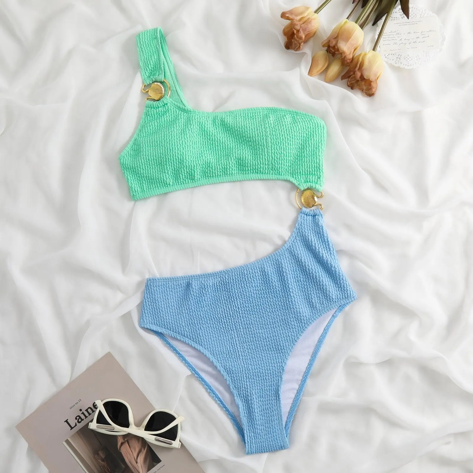 Shell Decoration One Shoulder Bikini Sets