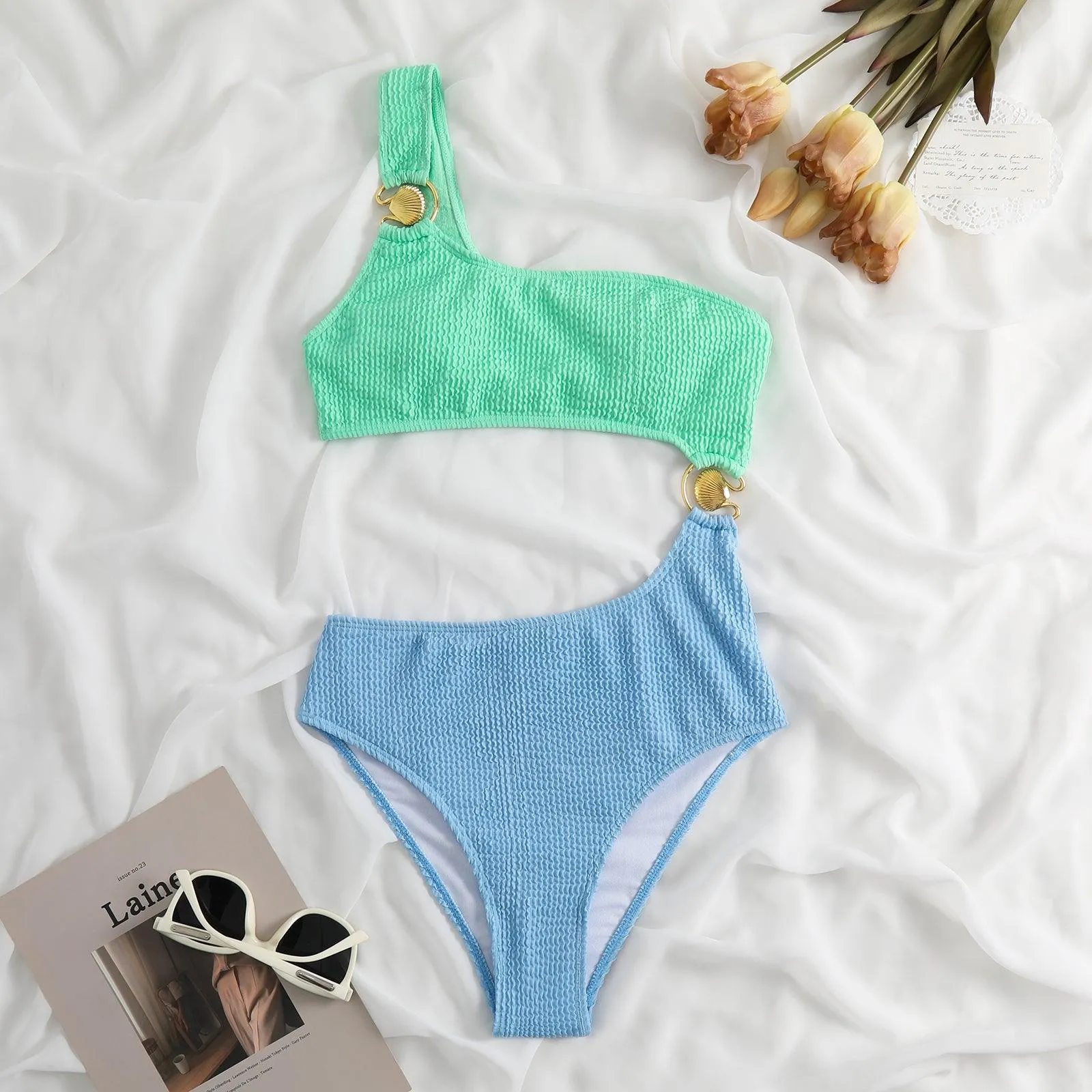 Shell Decoration One Shoulder Bikini Sets