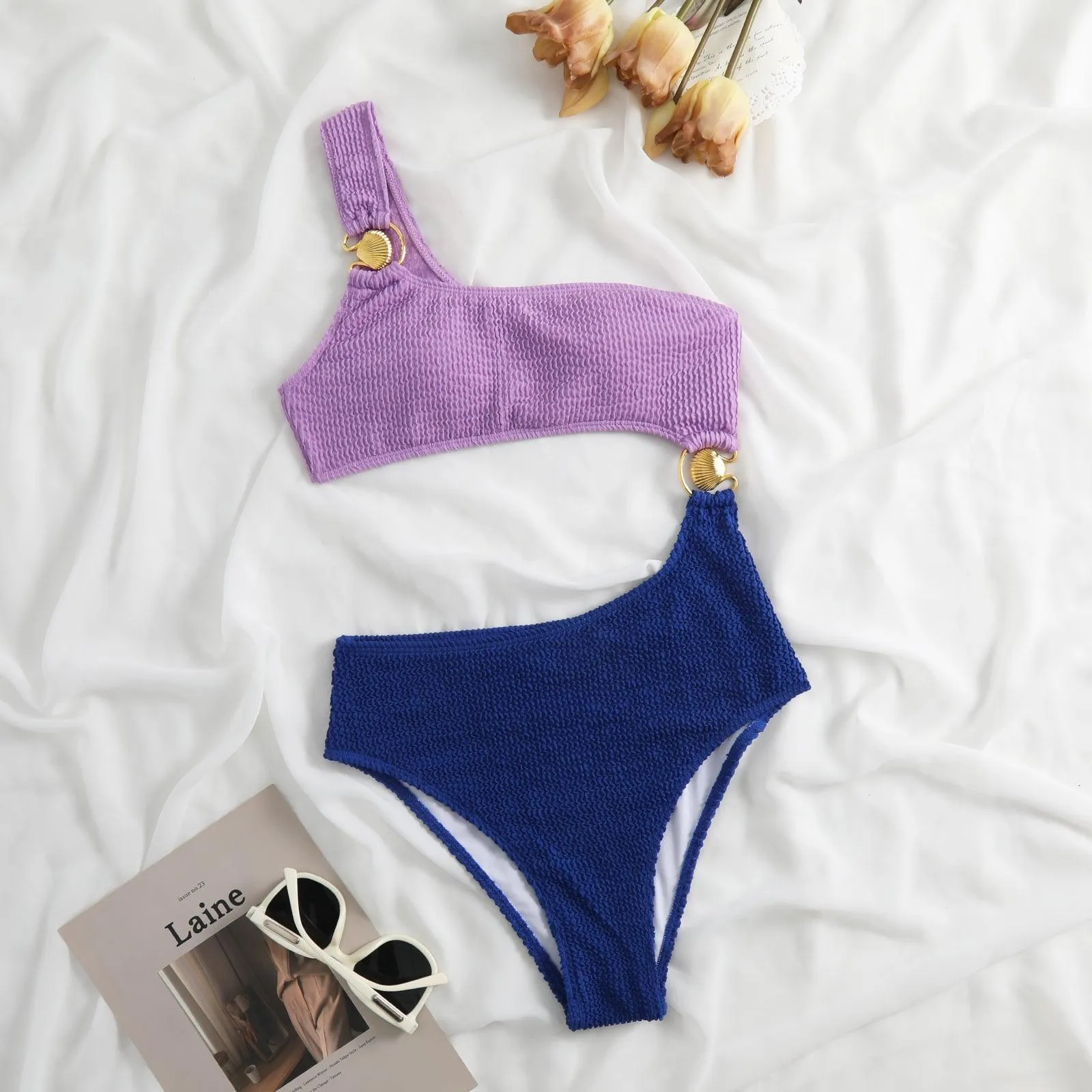 Shell Decoration One Shoulder Bikini Sets