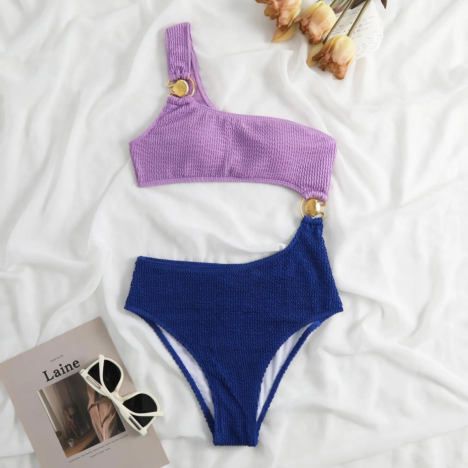 Shell Decoration One Shoulder Bikini Sets