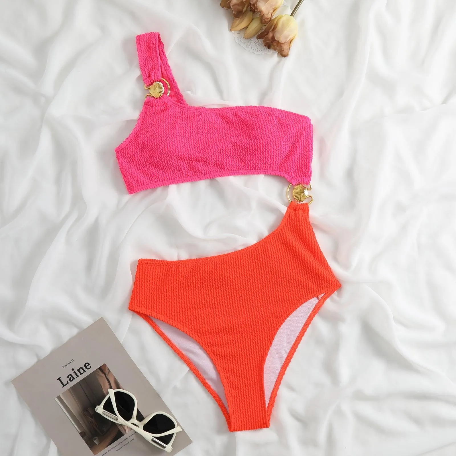 Shell Decoration One Shoulder Bikini Sets
