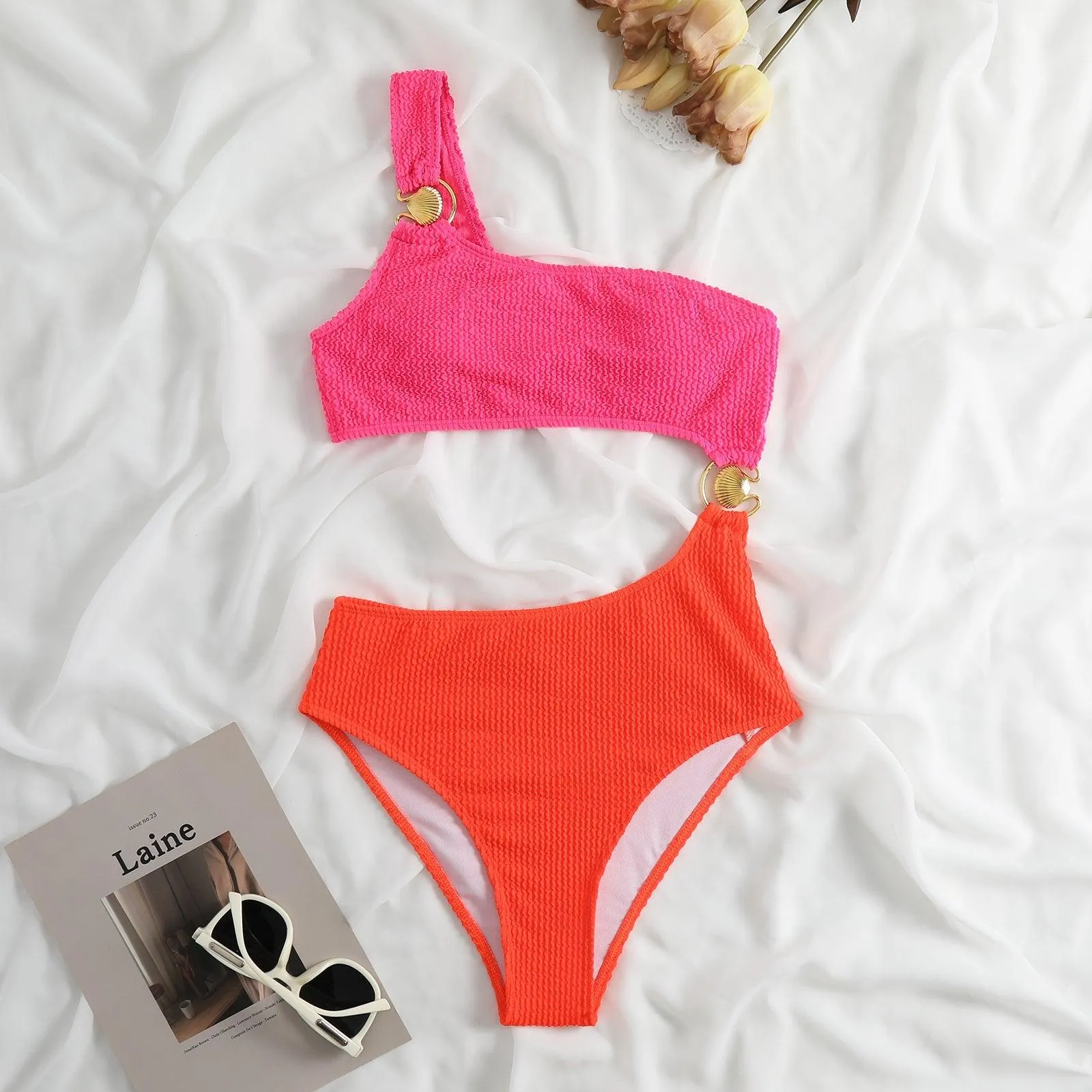 Shell Decoration One Shoulder Bikini Sets