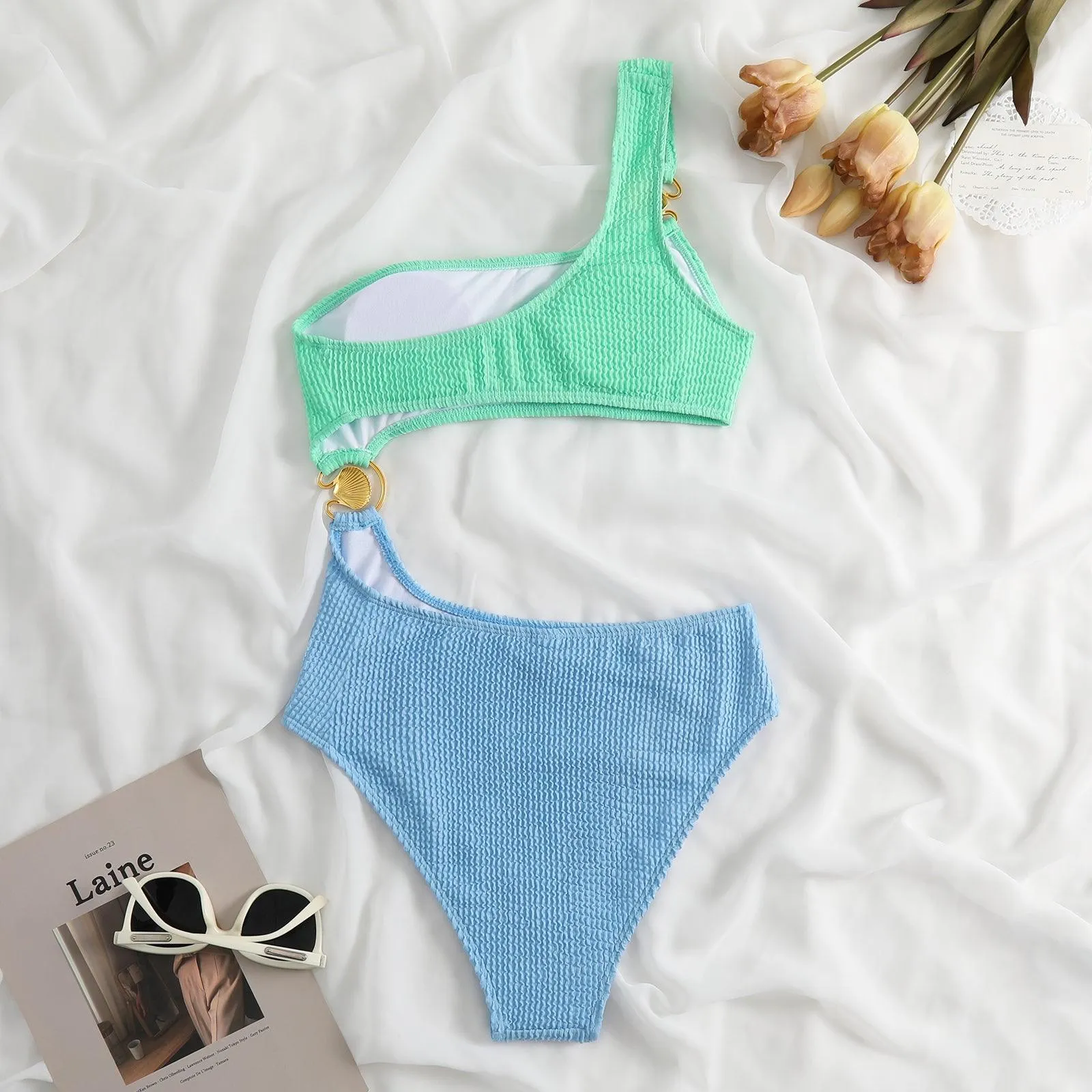 Shell Decoration One Shoulder Bikini Sets