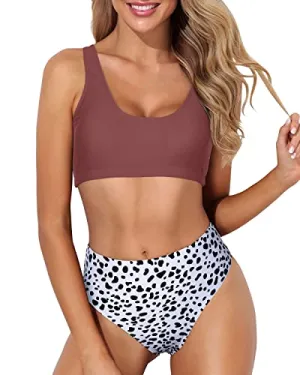 Sporty High Waisted Bikini Bottoms Crop Top High Cut Swimsuit-Red And Dalmatian