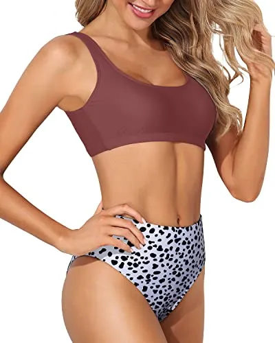Sporty High Waisted Bikini Bottoms Crop Top High Cut Swimsuit-Red And Dalmatian