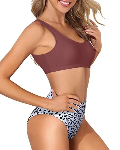 Sporty High Waisted Bikini Bottoms Crop Top High Cut Swimsuit-Red And Dalmatian