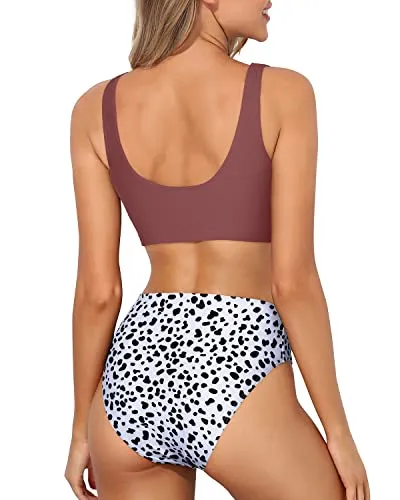 Sporty High Waisted Bikini Bottoms Crop Top High Cut Swimsuit-Red And Dalmatian