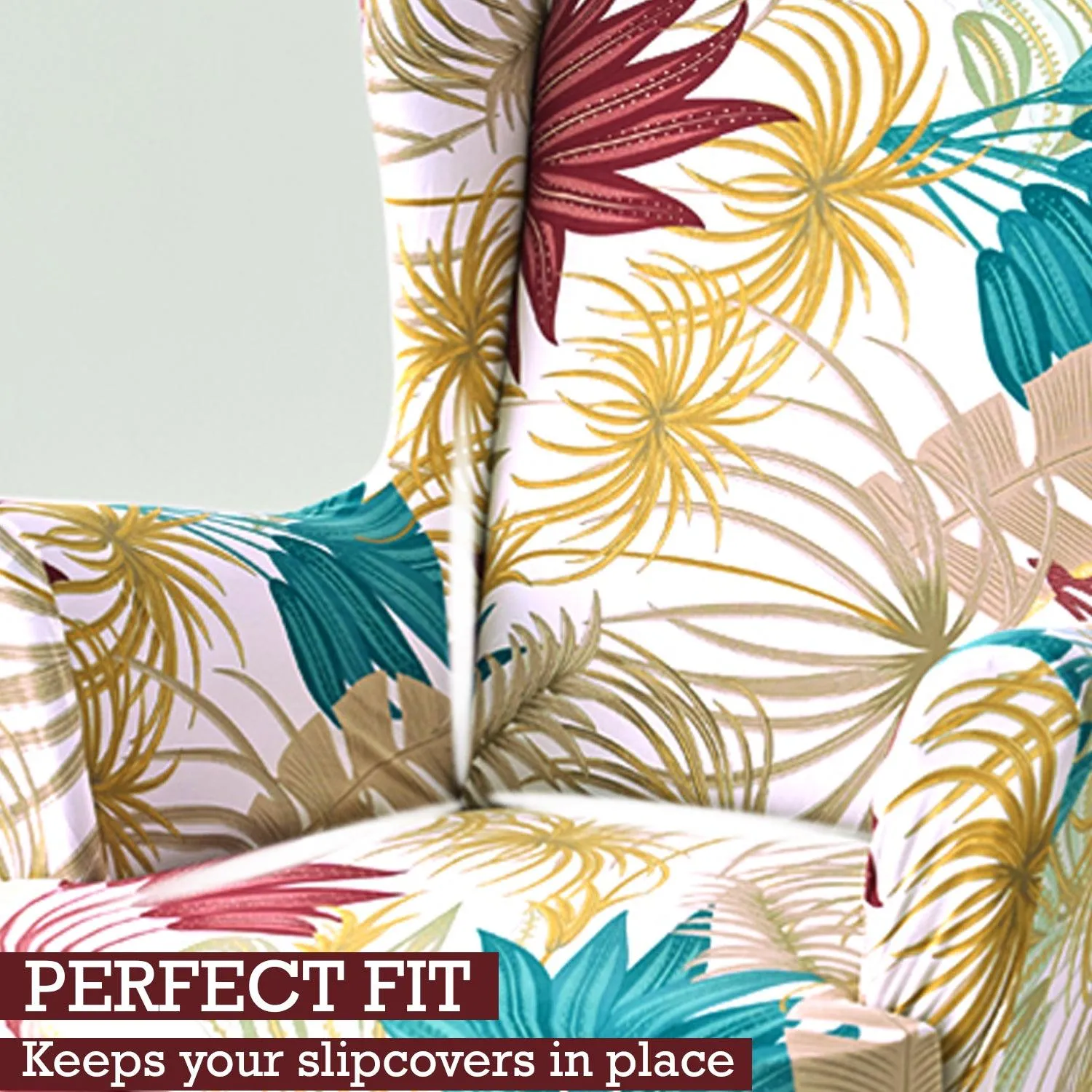 Stretchable 140 GSM Wing Chair Cover, Cane Beige Ferns
