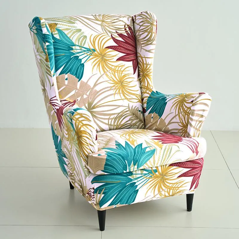 Stretchable 140 GSM Wing Chair Cover, Cane Beige Ferns