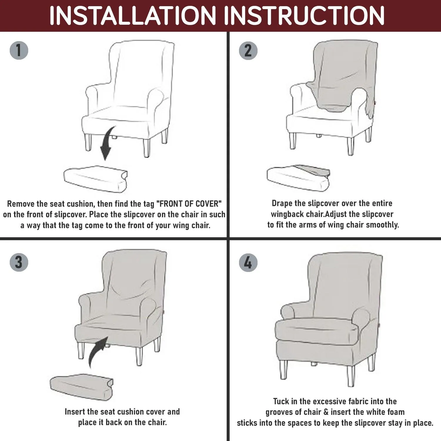 Stretchable 140 GSM Wing Chair Cover, Cane Beige Ferns