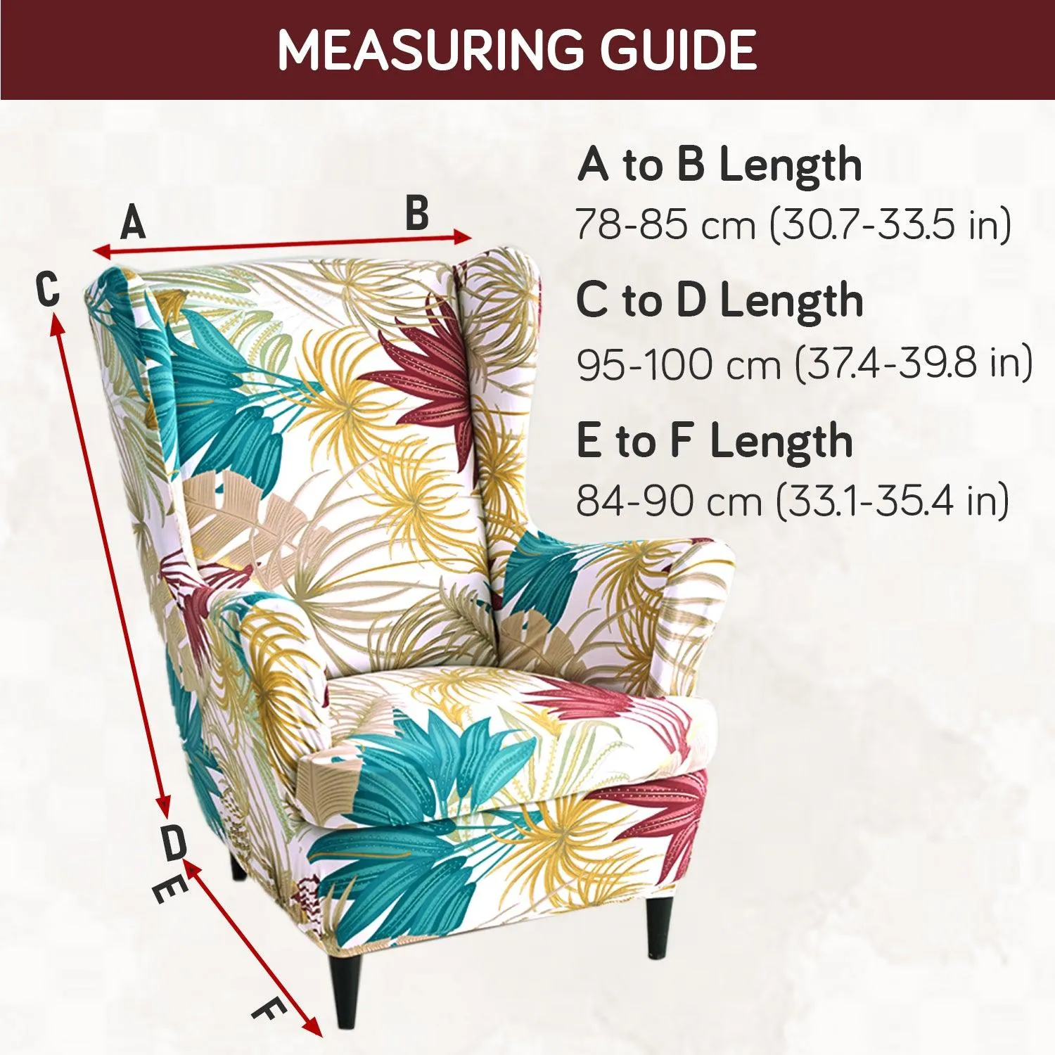 Stretchable 140 GSM Wing Chair Cover, Cane Beige Ferns