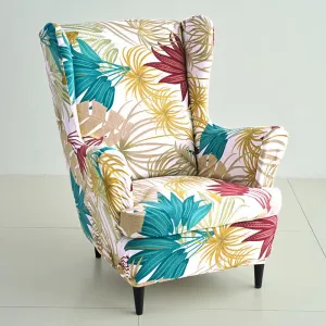 Stretchable 140 GSM Wing Chair Cover, Cane Beige Ferns