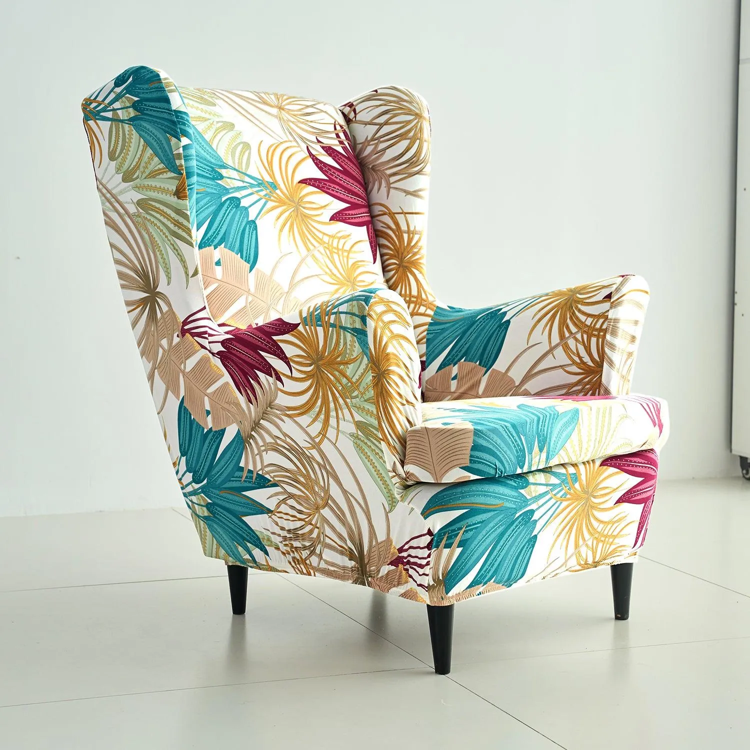 Stretchable 140 GSM Wing Chair Cover, Cane Beige Ferns