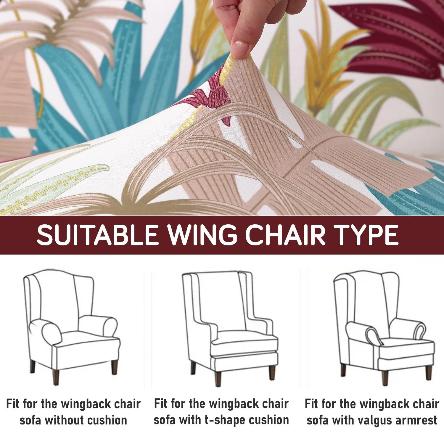 Stretchable 140 GSM Wing Chair Cover, Cane Beige Ferns