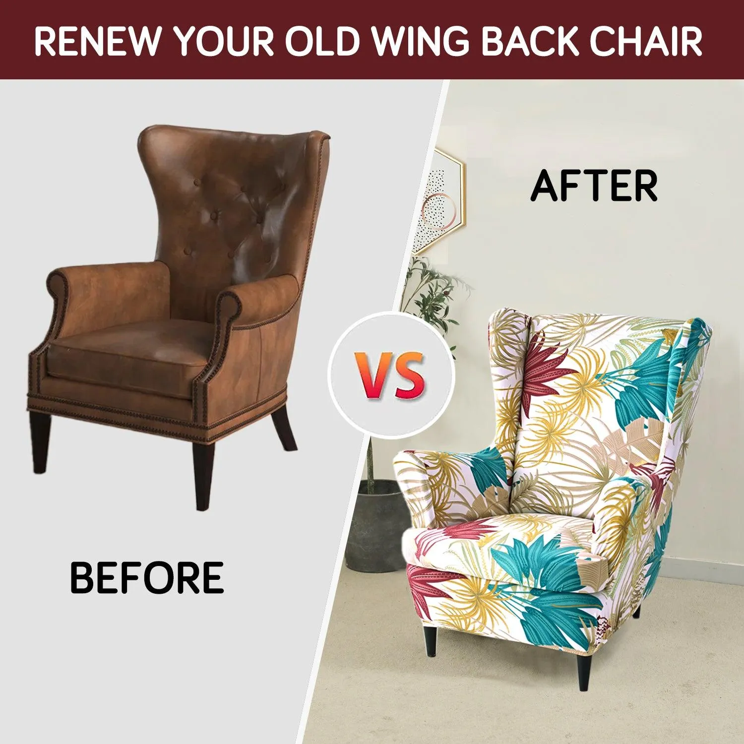 Stretchable 140 GSM Wing Chair Cover, Cane Beige Ferns