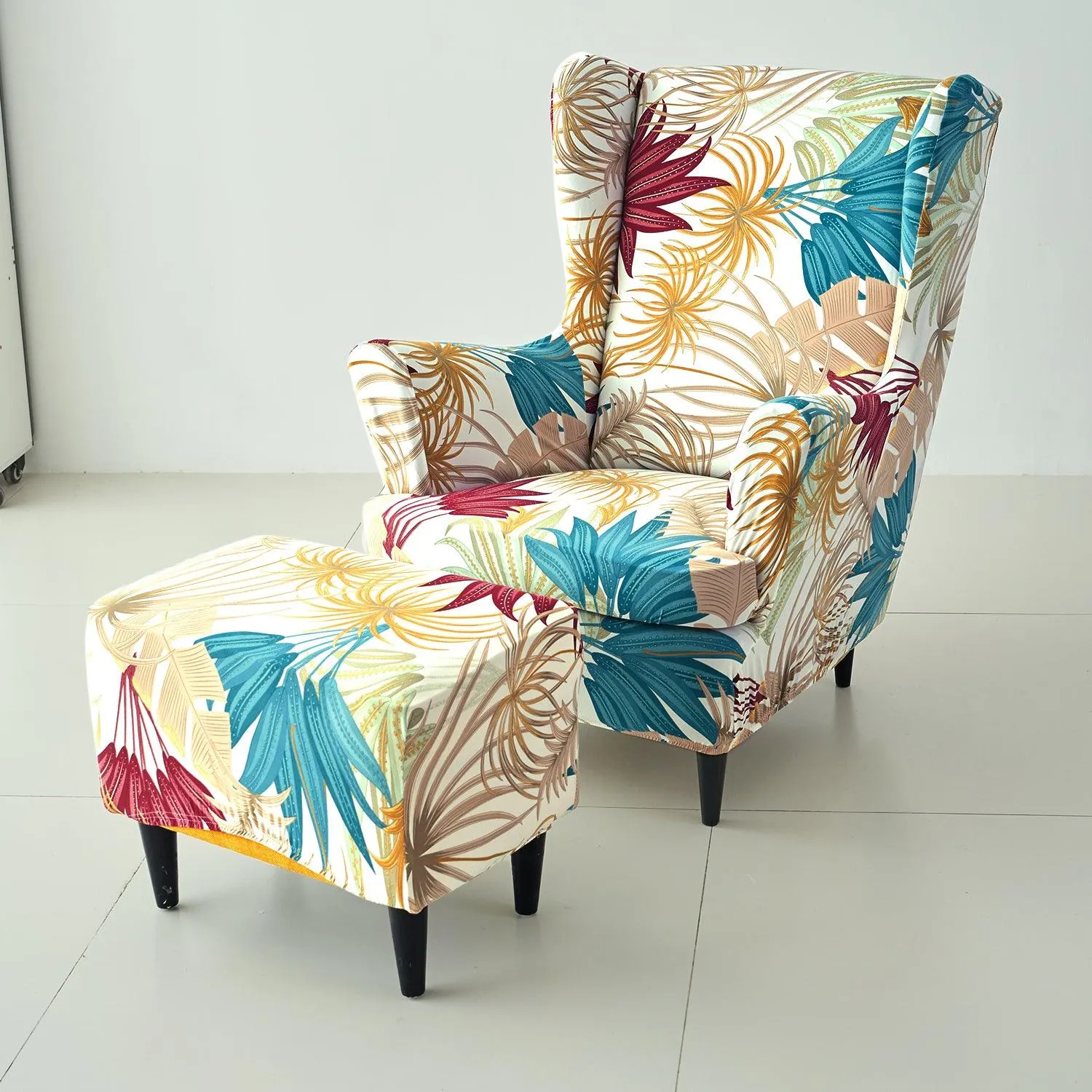 Stretchable 140 GSM Wing Chair Cover, Cane Beige Ferns
