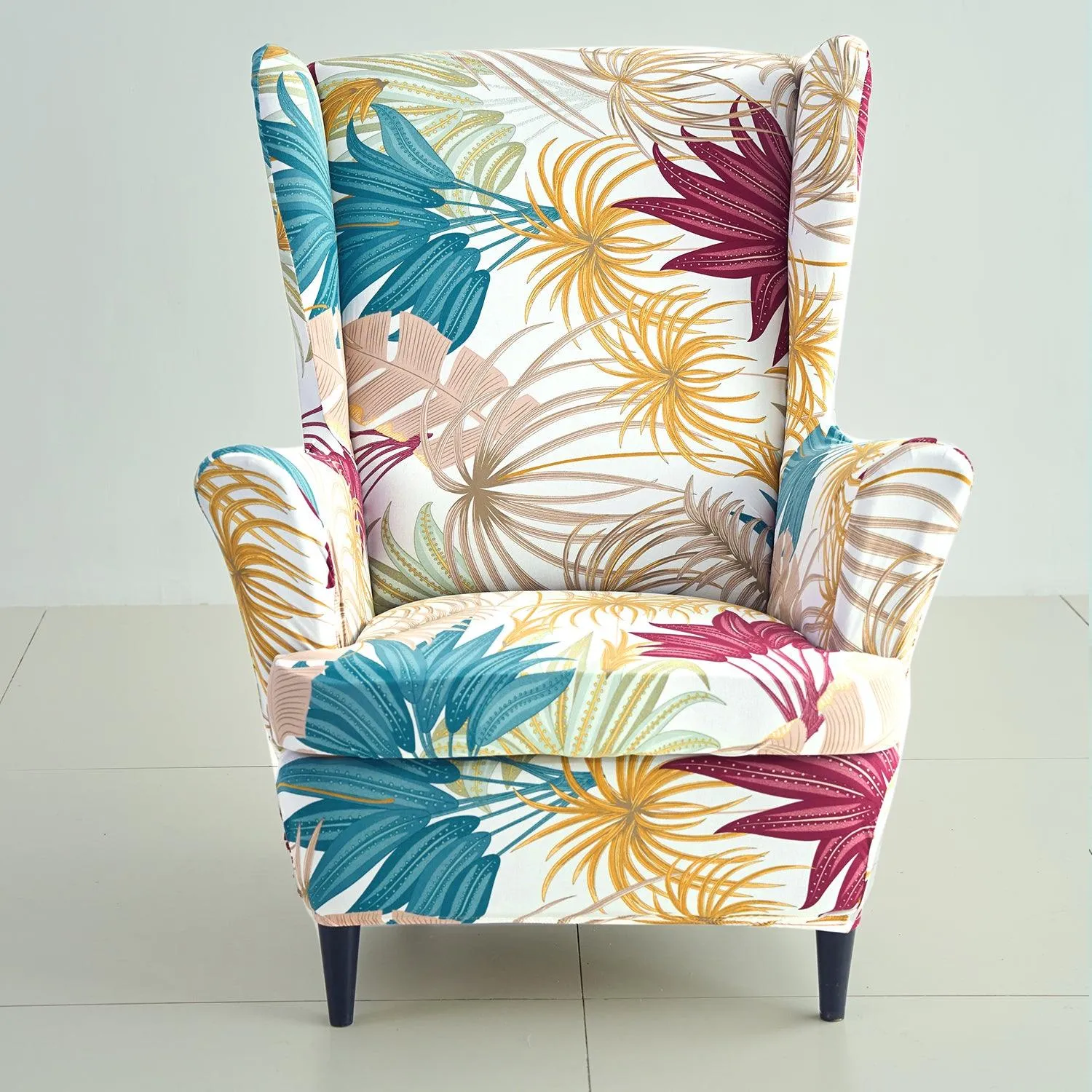 Stretchable 140 GSM Wing Chair Cover, Cane Beige Ferns