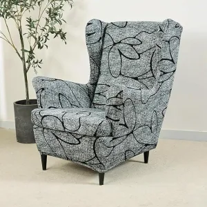 Stretchable 140 GSM Wing Chair Cover, Intense Grey Abstract Floral