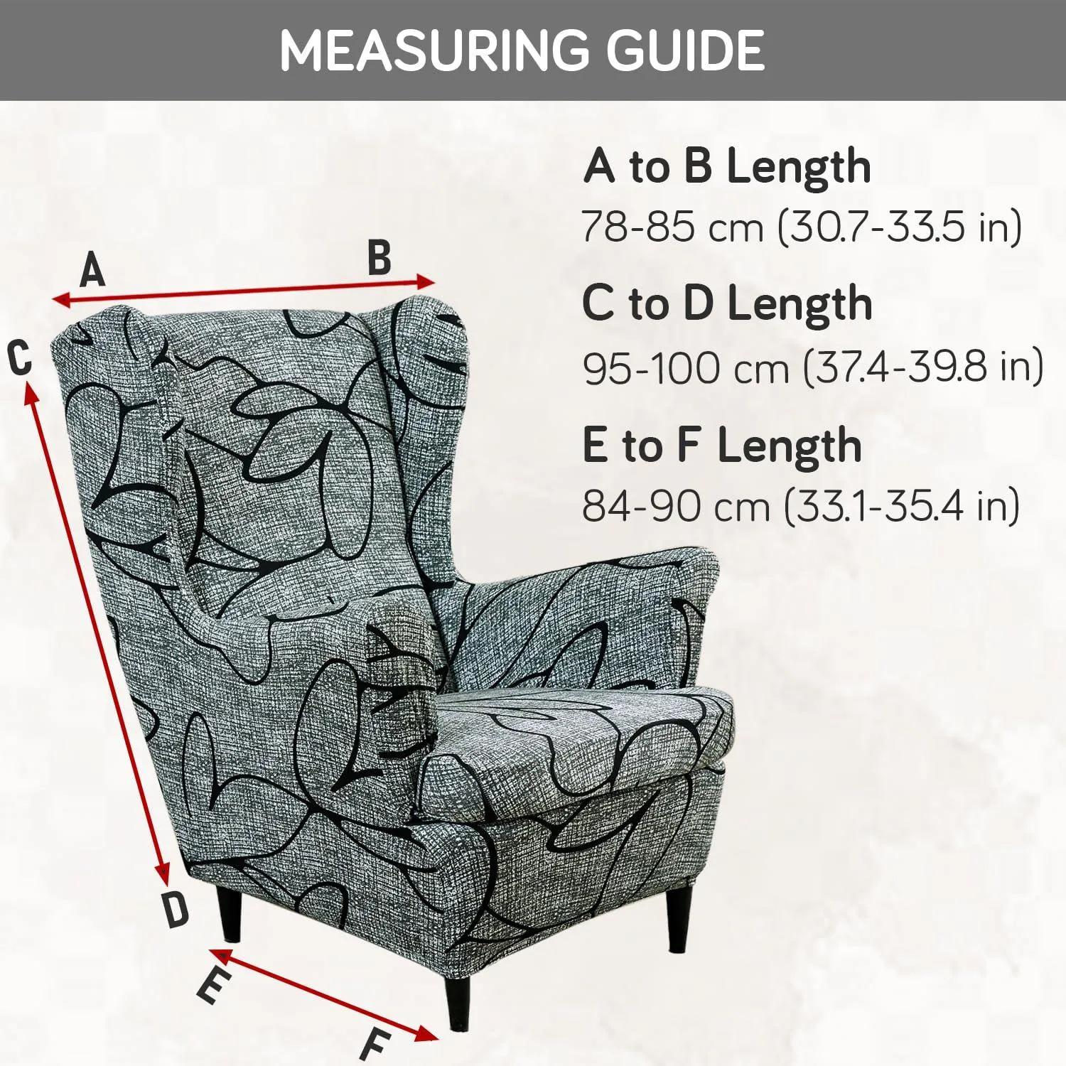 Stretchable 140 GSM Wing Chair Cover, Intense Grey Abstract Floral