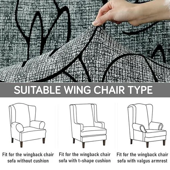 Stretchable 140 GSM Wing Chair Cover, Intense Grey Abstract Floral