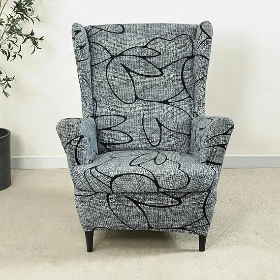 Stretchable 140 GSM Wing Chair Cover, Intense Grey Abstract Floral