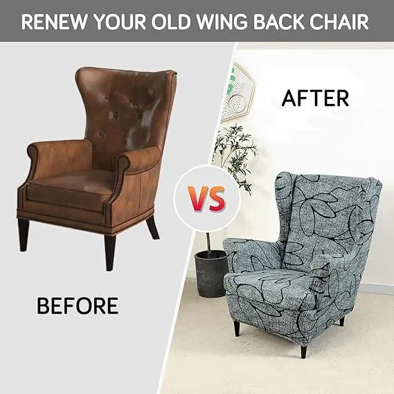 Stretchable 140 GSM Wing Chair Cover, Intense Grey Abstract Floral