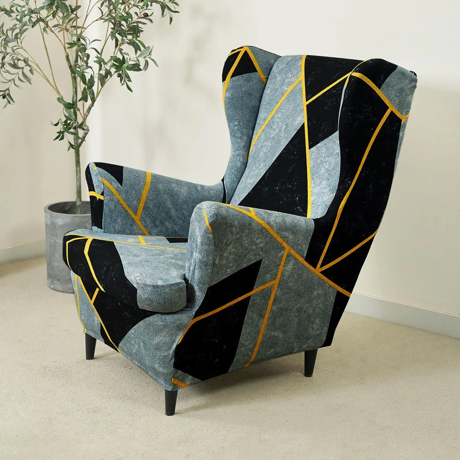 Stretchable 140 GSM Wing Chair Cover, Multicolor Abstract Geometry