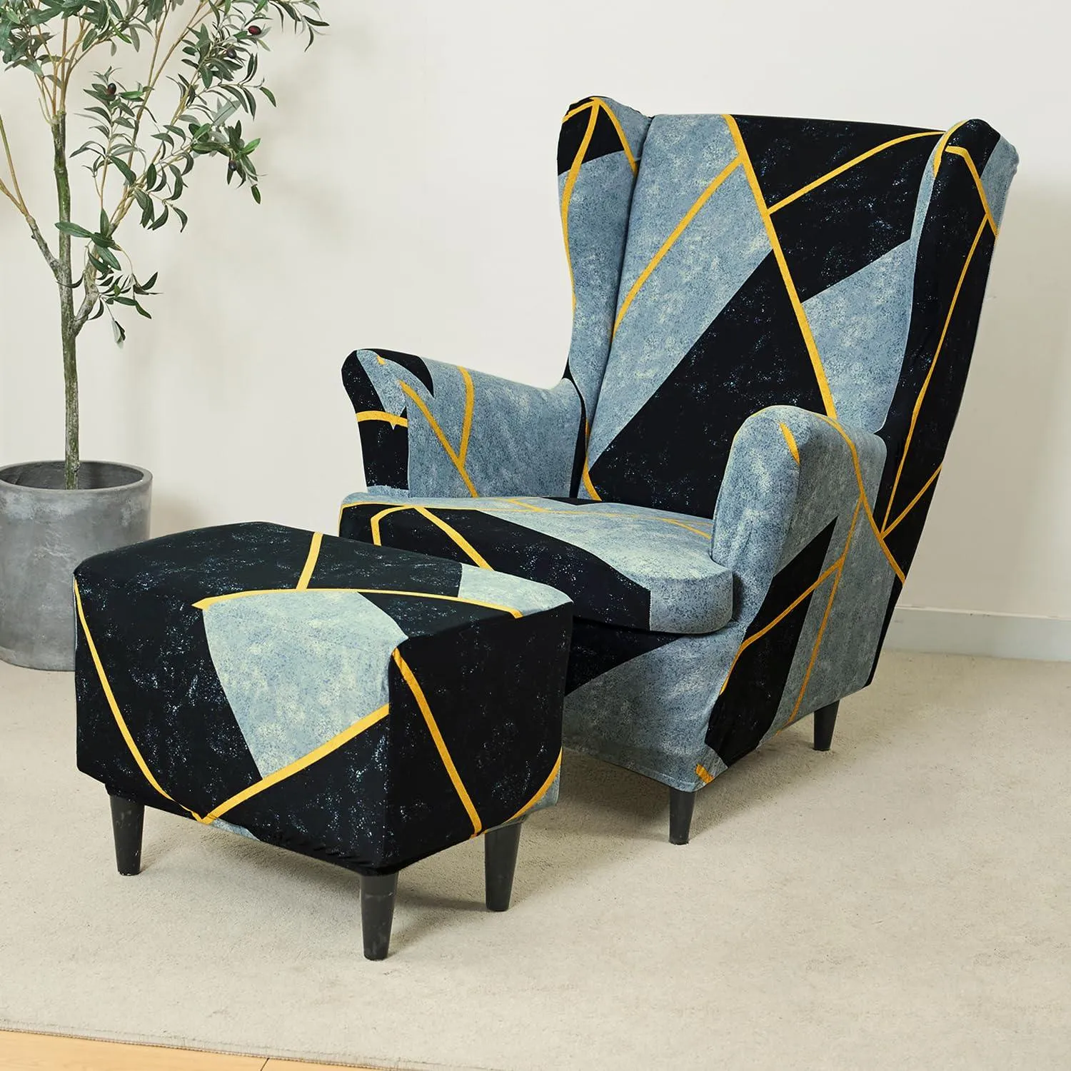 Stretchable 140 GSM Wing Chair Cover, Multicolor Abstract Geometry