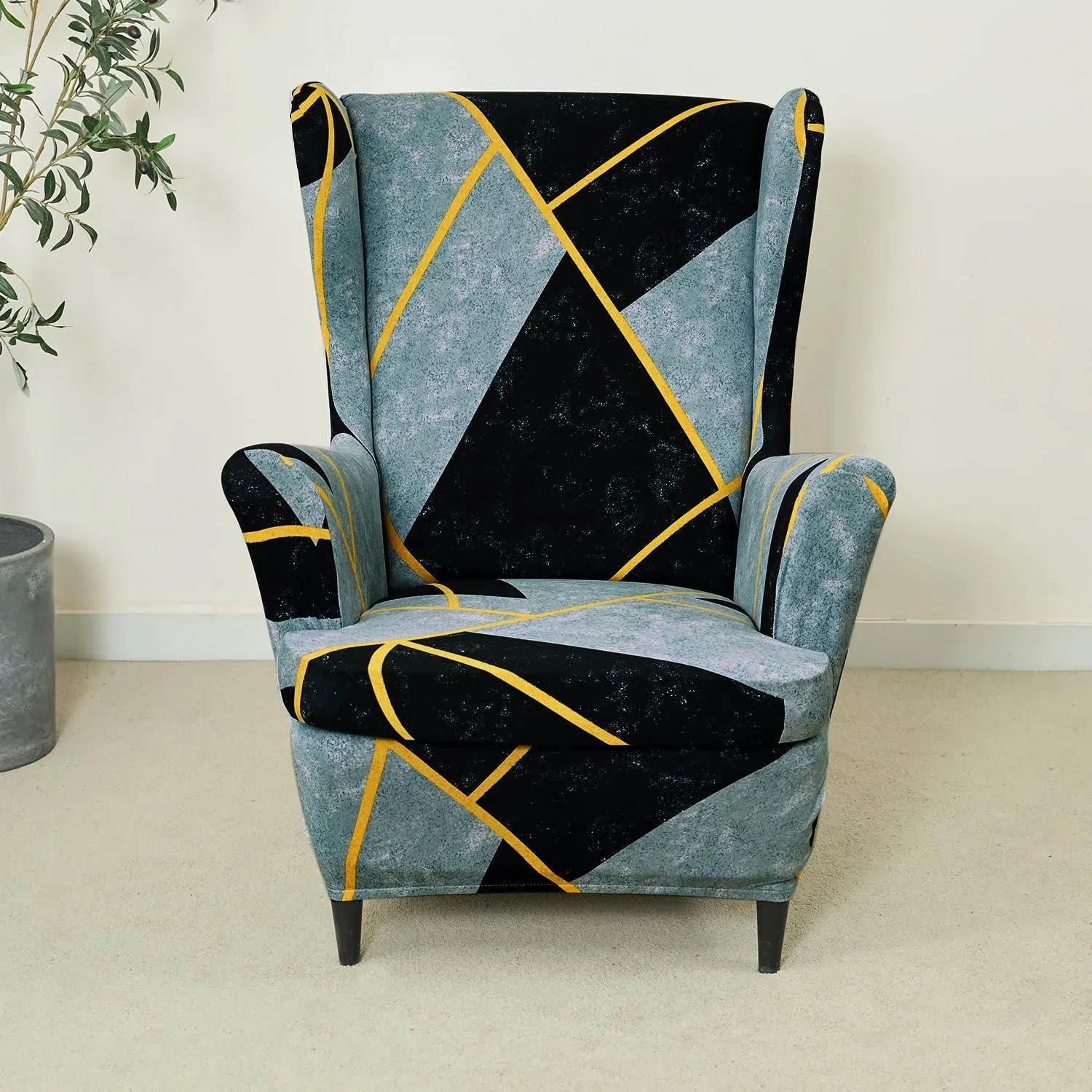 Stretchable 140 GSM Wing Chair Cover, Multicolor Abstract Geometry